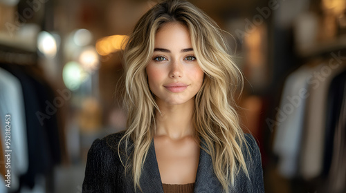 Wallpaper Mural Young woman with long wavy hair poses in a stylish clothing boutique during daylight, showcasing modern fashion choices Torontodigital.ca