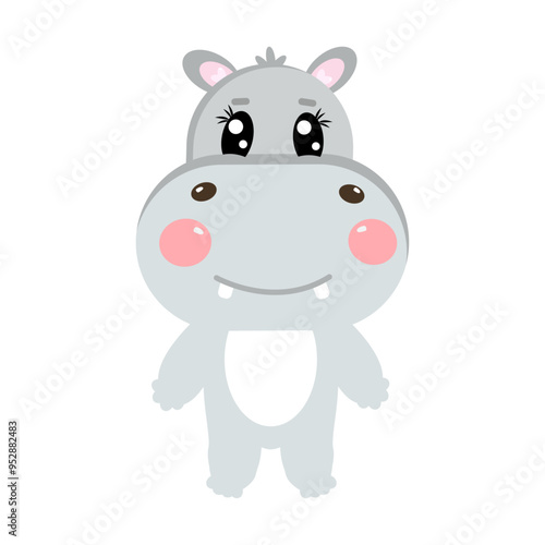 Cute kawaii little hippo, hippopotamus full length for kids