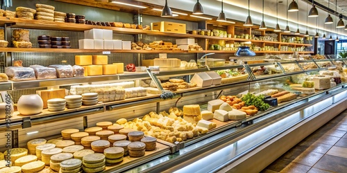 Supermarket. Grocery store. Showcases with cheese products. The most diverse cheese.