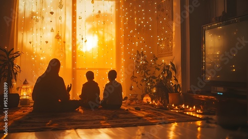 A photo of a family engaged in prayer together in a warmly lit room adorned with Mawlid decorations. The image emphasizes family unity and the spiritual aspect of the celebration. photo