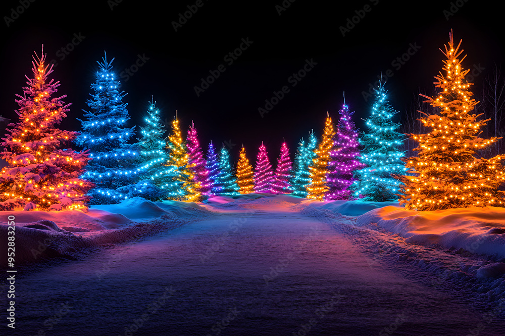 Bunt leuchtende Weihnachtsbäume im Winter, made by AI Bunt leuchtende Weihnachtsbäume im Winter, made by AI