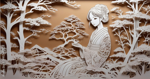 Japanese paper cut art illustration of a beautiful girl