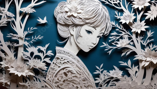 Japanese paper cut art illustration of a beautiful girl