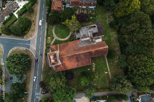 Aerial drone shot of All Saints Church in Bishops Stortford in England photo