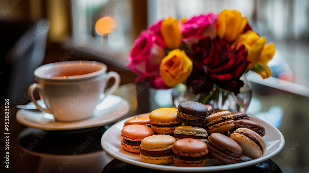 Elegant macarons and tea with a vibrant bouquet of roses Elegant macarons and tea with a vibrant bouquet of roses