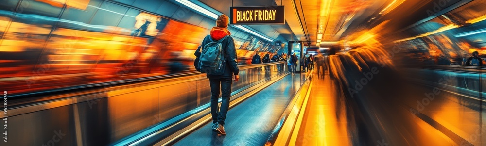 Man riding a skateboard down an escalator, black friday , sale discount concept, banner, copy space Man riding a skateboard down an escalator, black friday , sale discount concept, banner, copy space