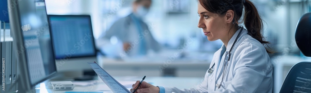 Doctor woman in white lab coat writing on clipboard in front of computer, banner, copy space