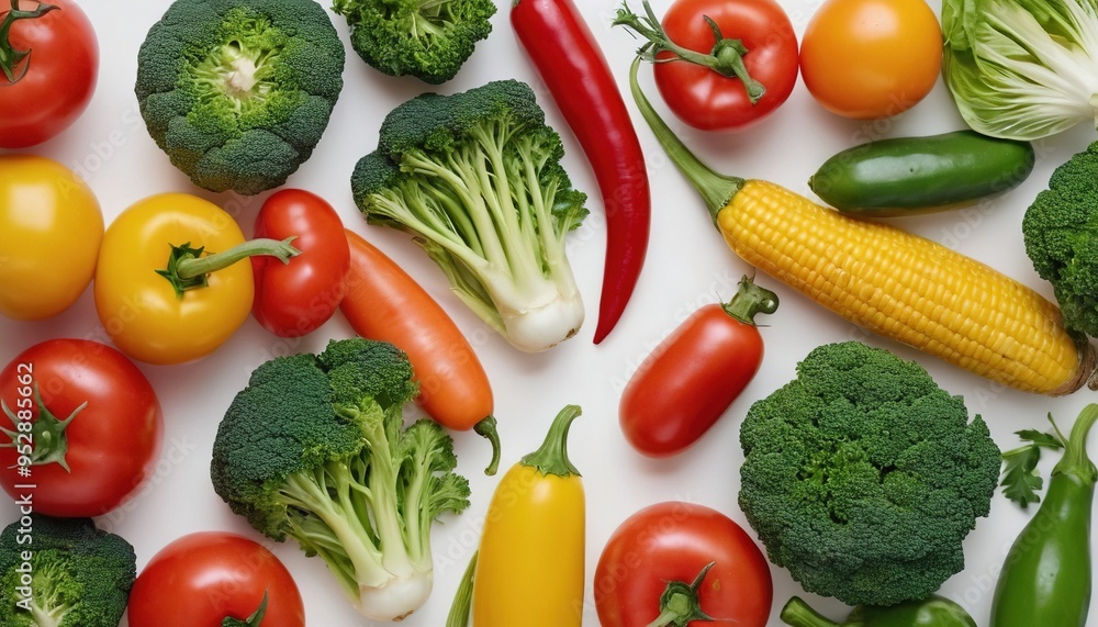 Vibrant fresh vegetables on a white background, including broccoli, tomatoes, peppers, corn, zucchini, and carrots.