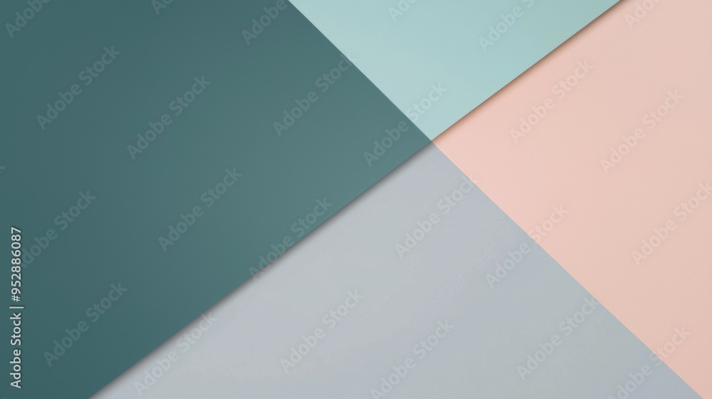Four sheets of paper in pastel pink, green, blue and grey are arranged overlapping each other, creating a dynamic geometric composition Four sheets of paper in pastel pink, green, blue and grey are arranged overlapping each other, creating a dynamic geometric composition