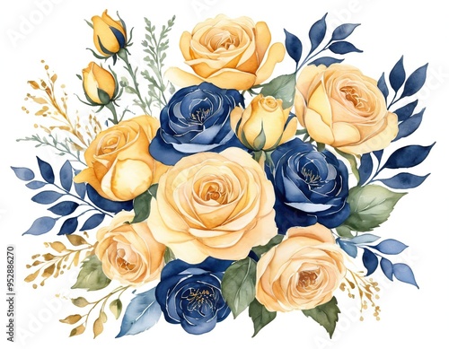 Watercolor bouquet of yellow and blue roses with green leaves.