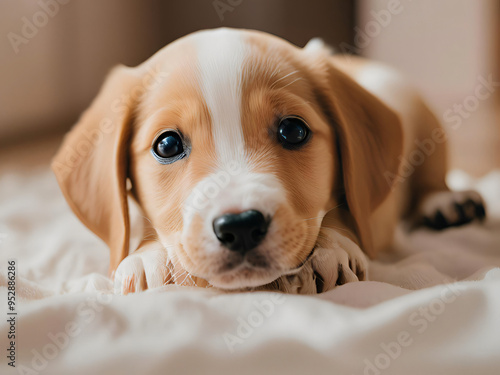 puppy sleeping on bed photo