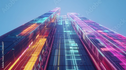 Wallpaper Mural Neon Lights Reflecting on Glass Skyscraper Facade Torontodigital.ca