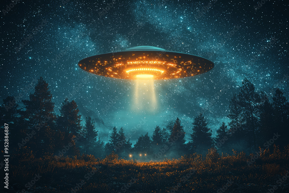 Obraz premium A classic, saucer-shaped UFO with bright white lights, darting quickly across a night sky filled with stars. Concept of traditional UFO sightings and stellar backdrops.