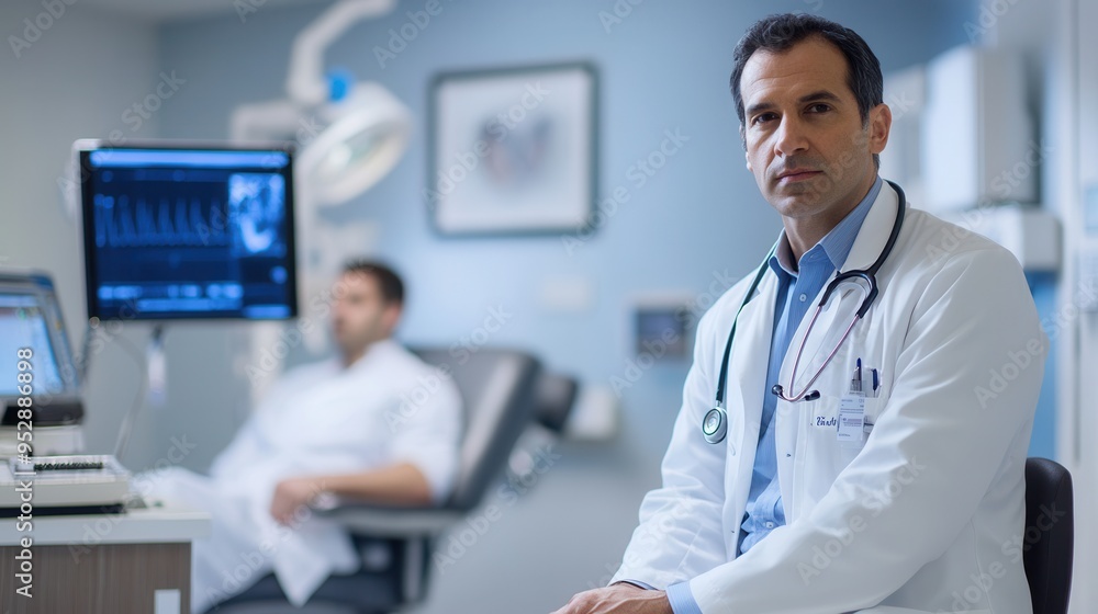 A caring doctor in a white lab coat uses a stethoscope to examine a patient in a clean, modern clinic setting. Generative AI A caring doctor in a white lab coat uses a stethoscope to examine a patient in a clean, modern clinic setting. Generative AI