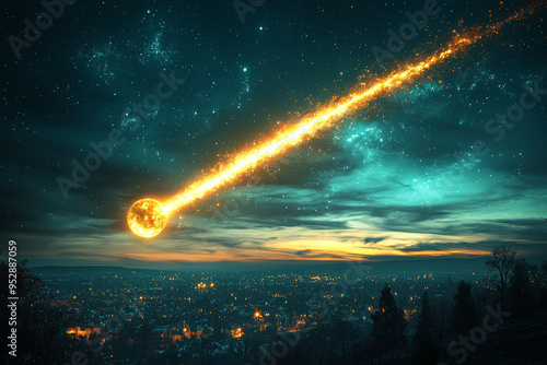 A bright, glowing orb streaking across a star-filled night sky, leaving a trail of shimmering light. Concept of unidentified flying objects and celestial sightings.