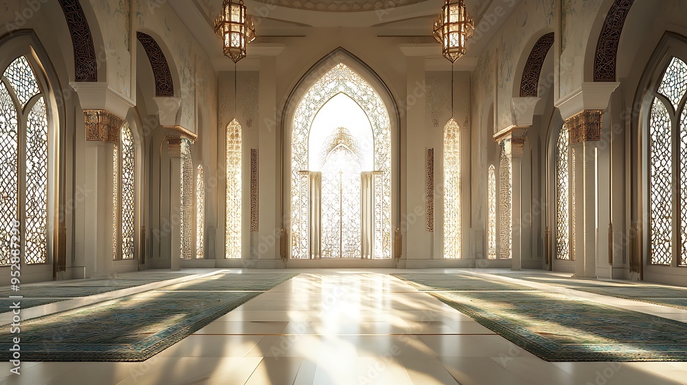 Interior of a Mosque with Ornate Windows and Carpets Interior of a Mosque with Ornate Windows and Carpets