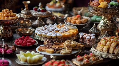 A close-up shot of traditional Mawlid Kandil sweets and pastries arranged on an ornate table, with delicate details and vibrant colors.