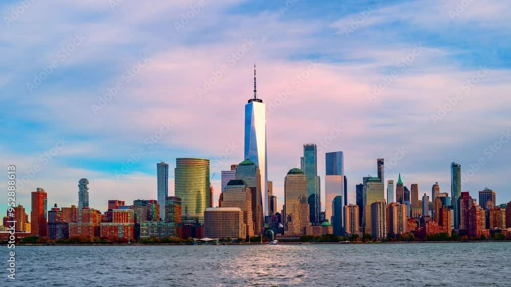 New York Sky timelapse. US New York city skyline in Midtown Manhattan with Moving clouds. Time lapse of NYC, NY, Manhattan. American city. New York Manhattan skyline from New Jersey. New York Sky timelapse. US New York city skyline in Midtown Manhattan with Moving clouds. Time lapse of NYC, NY, Manhattan. American city. New York Manhattan skyline from New Jersey.