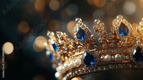 A crown made of gold set with sapphires, diamonds, and other priceless stones that gleams with elegance and draws attention to their beauty.