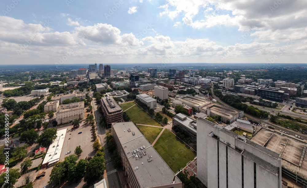 Fototapeta premium Daytime Drone Images of Downtown Raleigh North Carolina Featuring The NC Legislative Building, The Archdale Building, and the NC Museum of Natural Sciences. Cityscape, Travel, Tourism, Archtecture