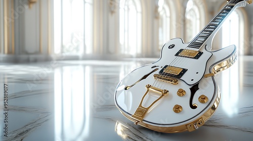 White electric guitar lying on a marble floor in a grand ballroom. photo