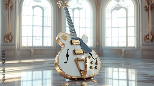 White electric guitar with gold hardware in a grand ballroom with arched windows. photo