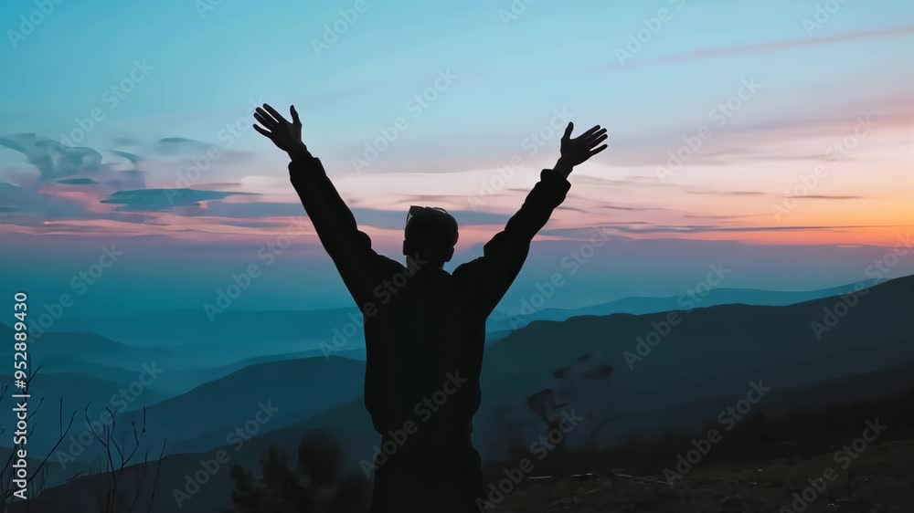 Man with his arms raised in the sky blue and pink sunset sky with mountains on top of it.