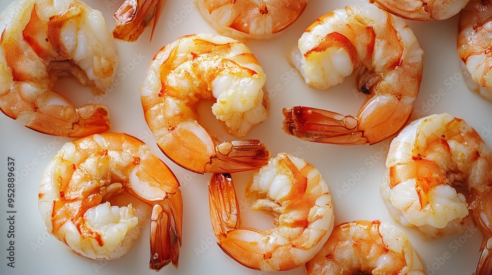 Close-up of fresh, cooked shrimp on a white surface. Tasty shrimp with a vibrant orange-pink color. Close-up of fresh, cooked shrimp on a white surface. Tasty shrimp with a vibrant orange-pink color.