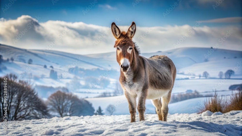 Donkey standing in a snowy landscape, Donkey, snow, winter, cold, animal, mammal, fluffy, white, frost, outdoor, rural Donkey standing in a snowy landscape, Donkey, snow, winter, cold, animal, mammal, fluffy, white, frost, outdoor, rural