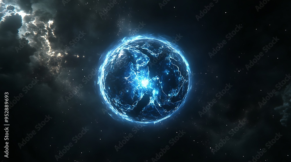 Fototapeta premium Glowing Blue Planet in a Dark Space Background