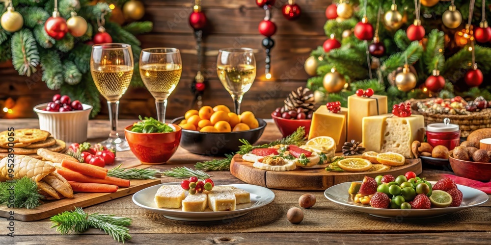 Festive Christmas table with assorted appetizers , Holiday, celebration, party, food, festive, decorations, dining, gathering Festive Christmas table with assorted appetizers , Holiday, celebration, party, food, festive, decorations, dining, gathering