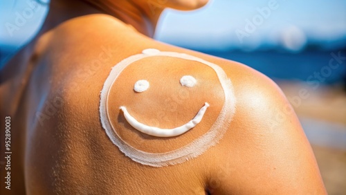 Close up of smiley face drawn in suntan cream on shoulder, suntan, cream, smiley, face, close up, shoulder, skin, sunscreen