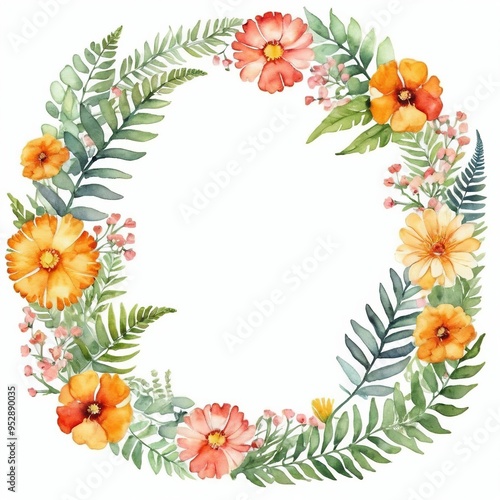 Watercolor floral wreath with orange and pink flowers and green leaves.