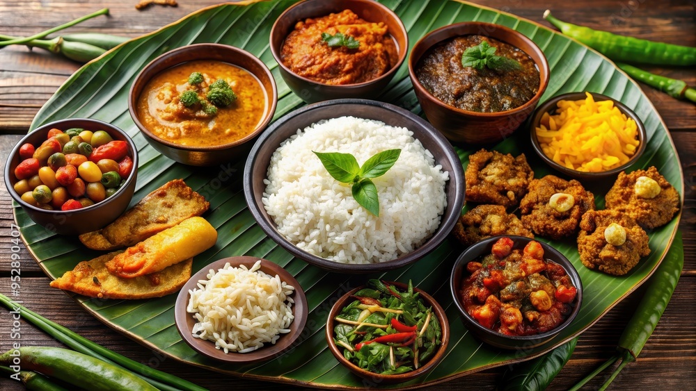 Traditional Sri Lankan rice and curry dish with a variety of curries, sambol, and pickles , Sri Lankan, cuisine, rice, curry Traditional Sri Lankan rice and curry dish with a variety of curries, sambol, and pickles , Sri Lankan, cuisine, rice, curry