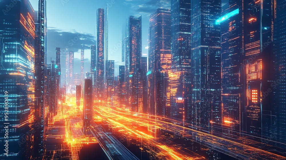 Futuristic Cityscape with Glowing Lines and Towers Futuristic Cityscape with Glowing Lines and Towers