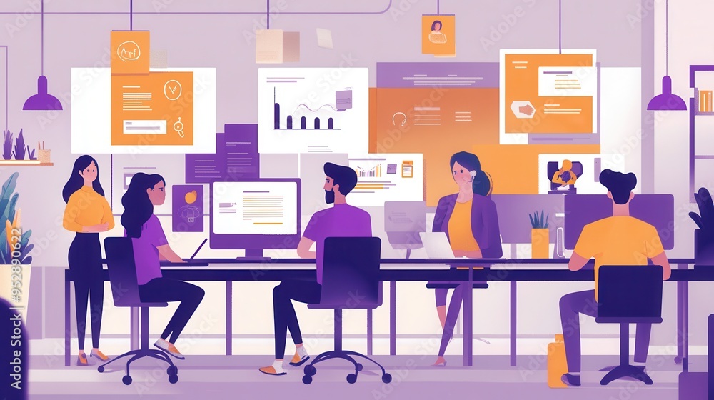 Various individuals engage with computer screens while collaborating on a project in a colorful, modern office space. Generative AI Various individuals engage with computer screens while collaborating on a project in a colorful, modern office space. Generative AI