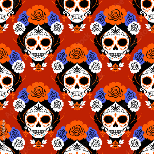 Bright vector seamless pattern with sugar skulls. Catrina head. Mexican Day of the Dead