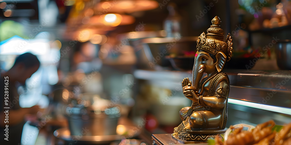 Obraz premium God Ganesha Idol Sitting on a Shelf in a Shop | Symbol of Wisdom and Prosperity in Indian Religious Art