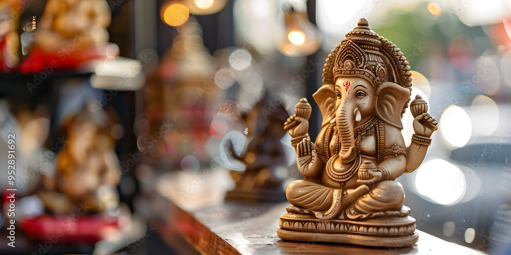God Ganesha Idol Sitting on a Shelf in a Shop | Symbol of Wisdom and Prosperity in Indian Religious Art God Ganesha Idol Sitting on a Shelf in a Shop | Symbol of Wisdom and Prosperity in Indian Religious Art