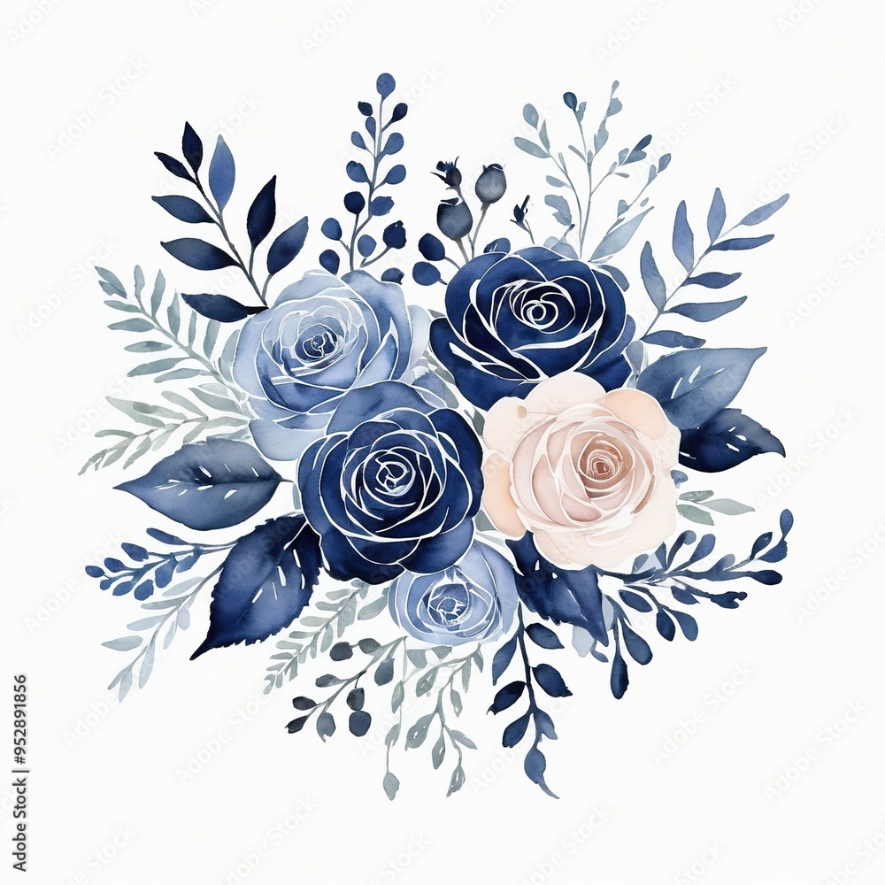 Watercolor painting of a bouquet of blue and blush roses with green leaves on a white background. Watercolor painting of a bouquet of blue and blush roses with green leaves on a white background.