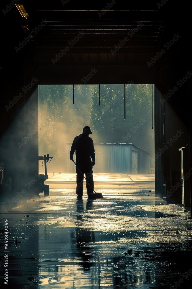 Fototapeta premium Domestic assistant - a man engaged in household chores, demonstrating dedication to cleanliness and organization, supportive role of home helper in maintaining tidy living environment.
