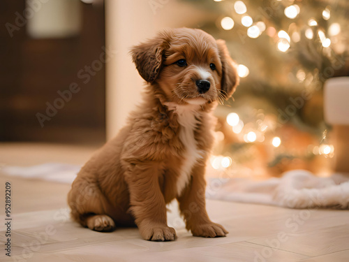 golden retriever puppy sitting on a sofa photo