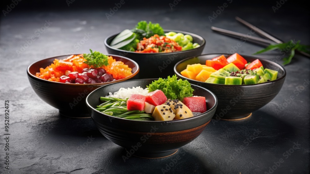 Side view of fresh poke bowls on black background, poke, bowls, fresh, seafood, sushi, raw, Hawaiian, cuisine, Asian Side view of fresh poke bowls on black background, poke, bowls, fresh, seafood, sushi, raw, Hawaiian, cuisine, Asian