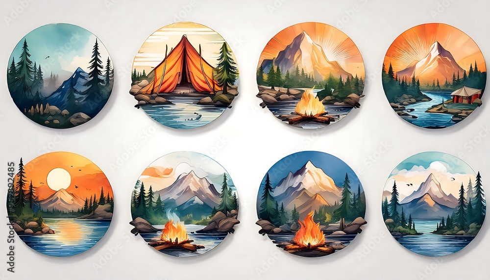 Fototapeta premium Camping Watercolor Emblems - set of flat camping adventure badges in watercolor style. Graphic art illustration