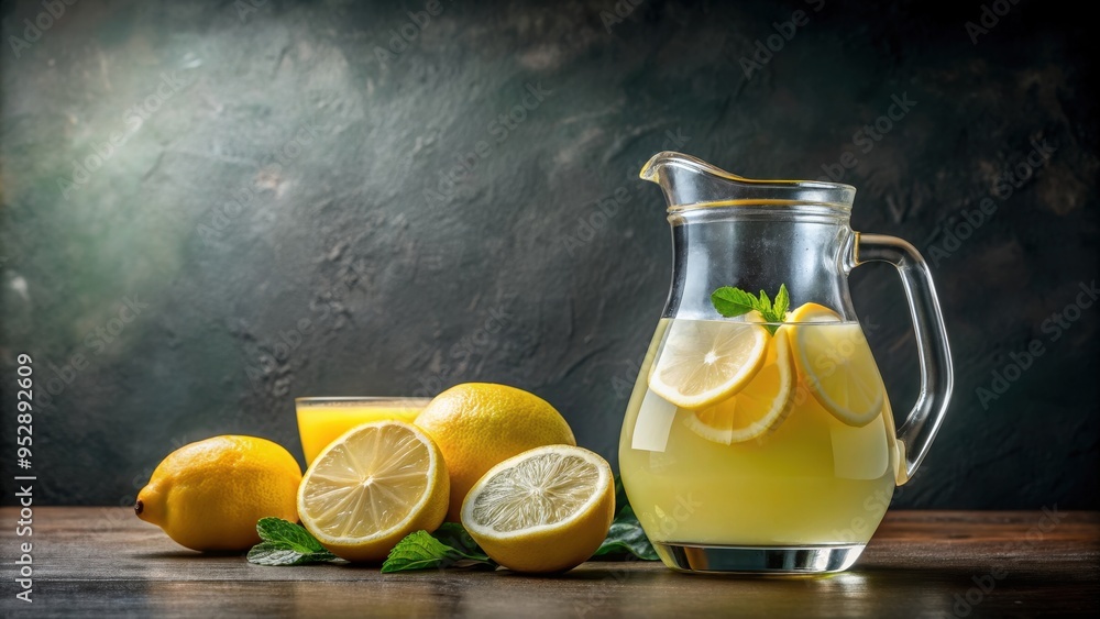 Lemonade in glass with half-filled jug on dark background, lemonade, glass, jug, drink, refreshment, yellow, citrus, summer Lemonade in glass with half-filled jug on dark background, lemonade, glass, jug, drink, refreshment, yellow, citrus, summer