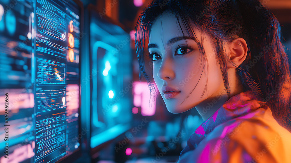 A woman is looking at a computer screen with a blue background A woman is looking at a computer screen with a blue background