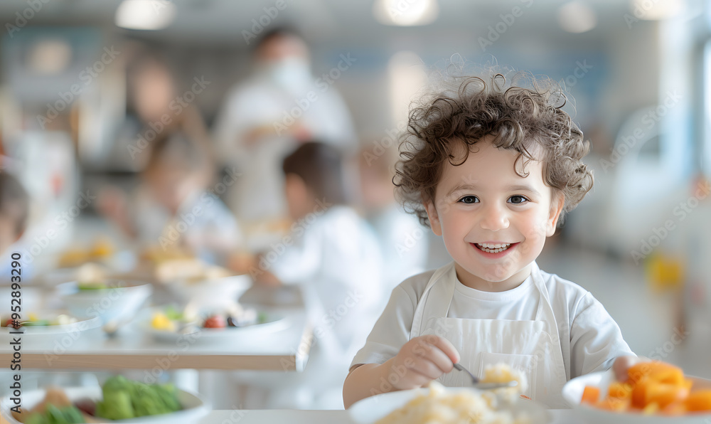 Young Boy Preschooler Sitting in the School Cafeteria | Early Childhood Education and Social Development Young Boy Preschooler Sitting in the School Cafeteria | Early Childhood Education and Social Development