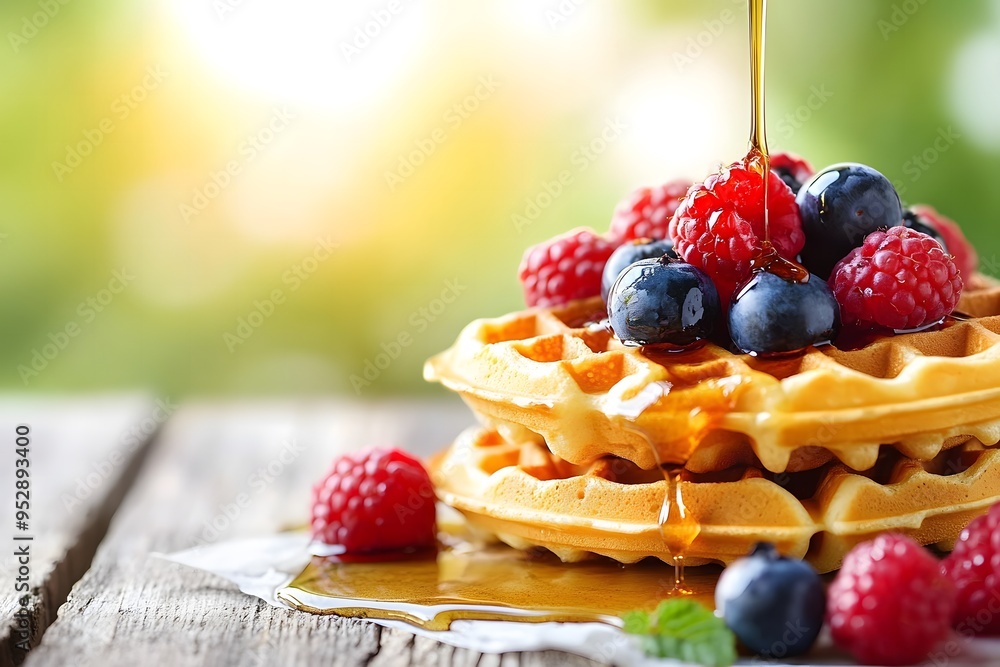 Stack of golden waffles topped with fresh berries Stack of golden waffles topped with fresh berries