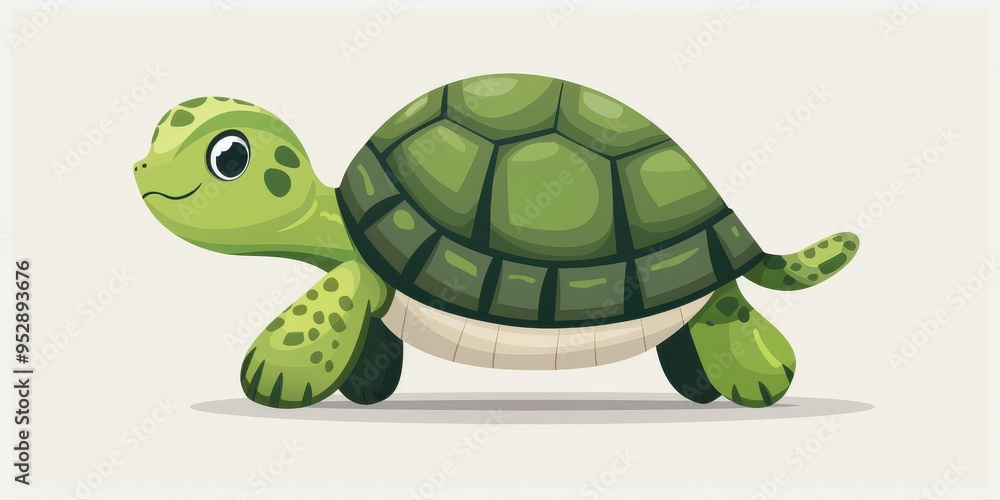 Fototapeta premium Charming, green cartoon turtle with a patterned shell, depicted in a simple, flat vector style.