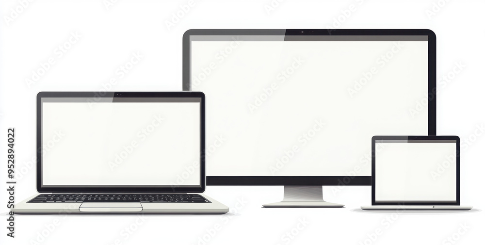 Realistic laptop and computer display with blank screen isolated on white background
Realistic laptop and computer display with blank screen isolated on white background